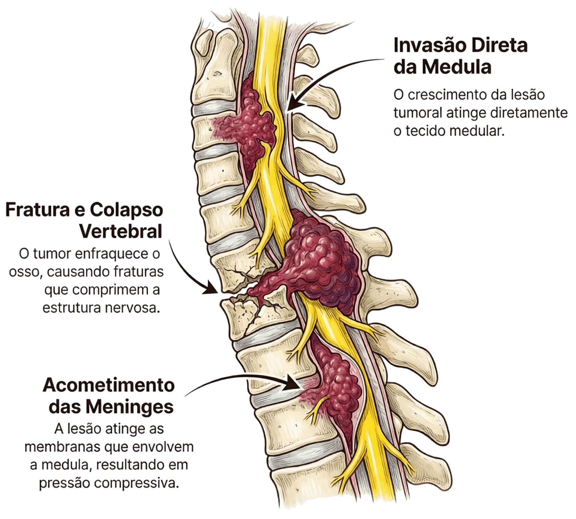 Os três mecanismos pelos quais o câncer pode comprimir a medula espinhal: invasão direta pelo tumor, fratura e colapso vertebral por enfraquecimento ósseo, e acometimento das meninges com pressão sobre o tecido nervoso. Em todos os casos, a velocidade do diagnóstico define o prognóstico neurológico.
