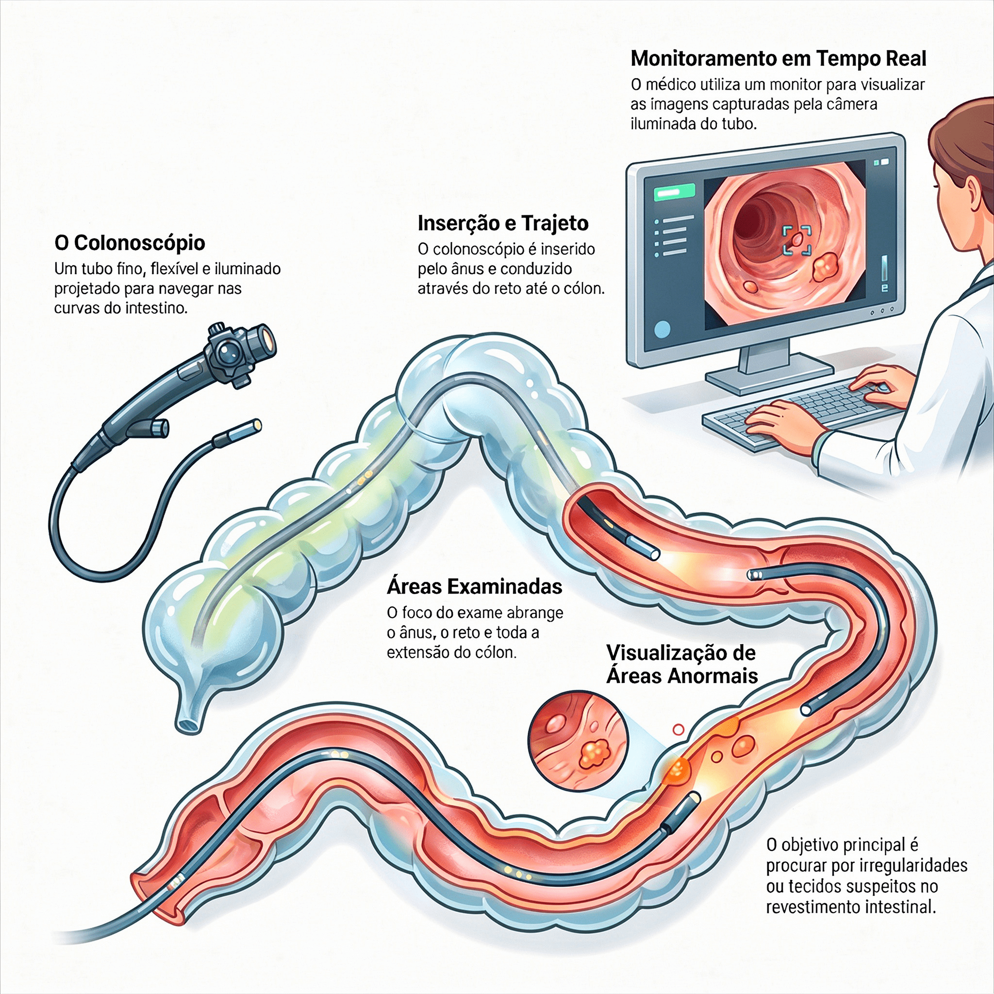 Ilustrar didaticamente as etapas da colonoscopia para o leitor leigo, mostrando o que é o colonoscópio, por onde ele passa, quais áreas do intestino são avaliadas e o que o médico procura durante o exame. Apoia visualmente as seções "O que é uma colonoscopia?" e "Como é feita".