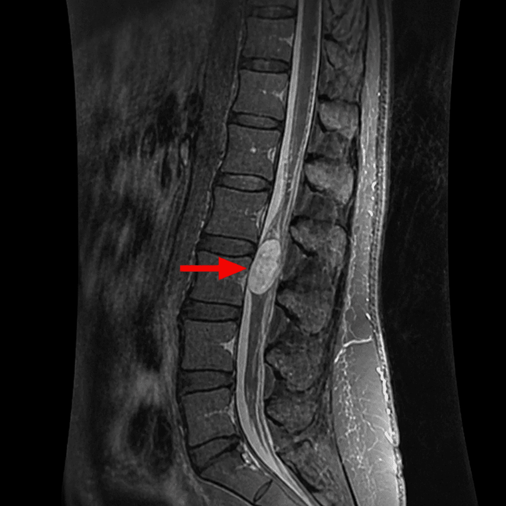 Ressonância de tumor na medula espinhal Ressonância magnética sagital da coluna lombar com seta indicando tumor na medula espinhal dentro do canal vertebral.