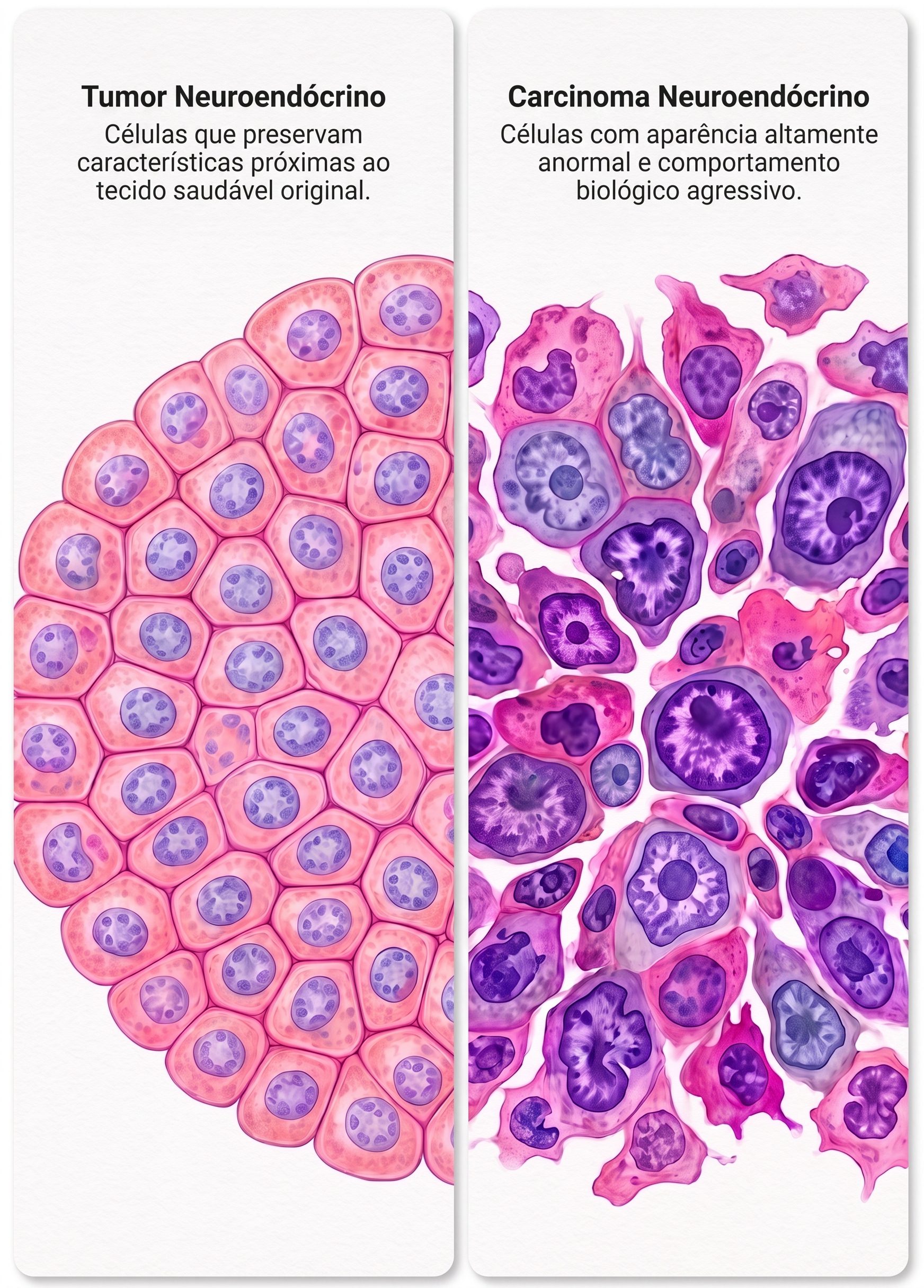 Ilustração comparando a diferença entre tumor neuroendócrino e carcinoma neuroendócrino.
