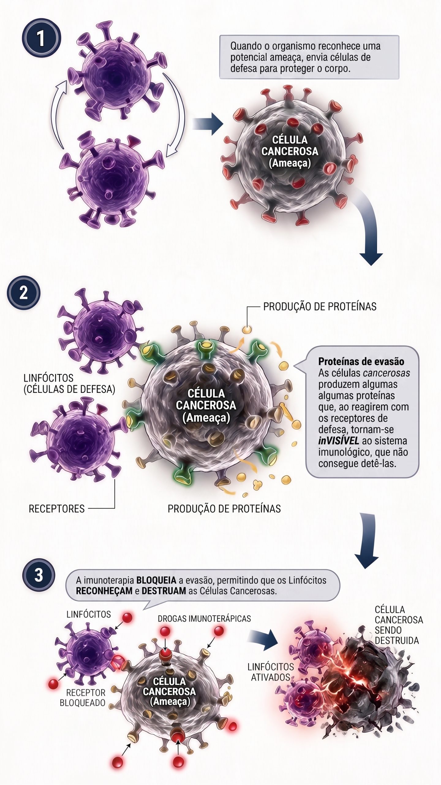 Esquema mostrando a proteína PD-L1 da célula tumoral se ligando ao receptor PD-1 do linfócito T e o bloqueio dessa ligação pela imunoterapia.
