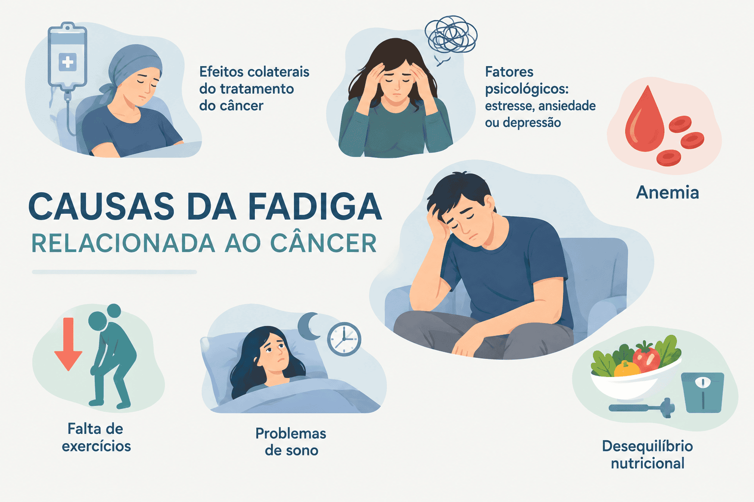 Fadiga relacionada ao câncer. Infográfico com causas da fadiga relacionada ao câncer: efeitos do tratamento, fatores psicológicos, anemia, inatividade física, problemas de sono e desequilíbrio nutricional.