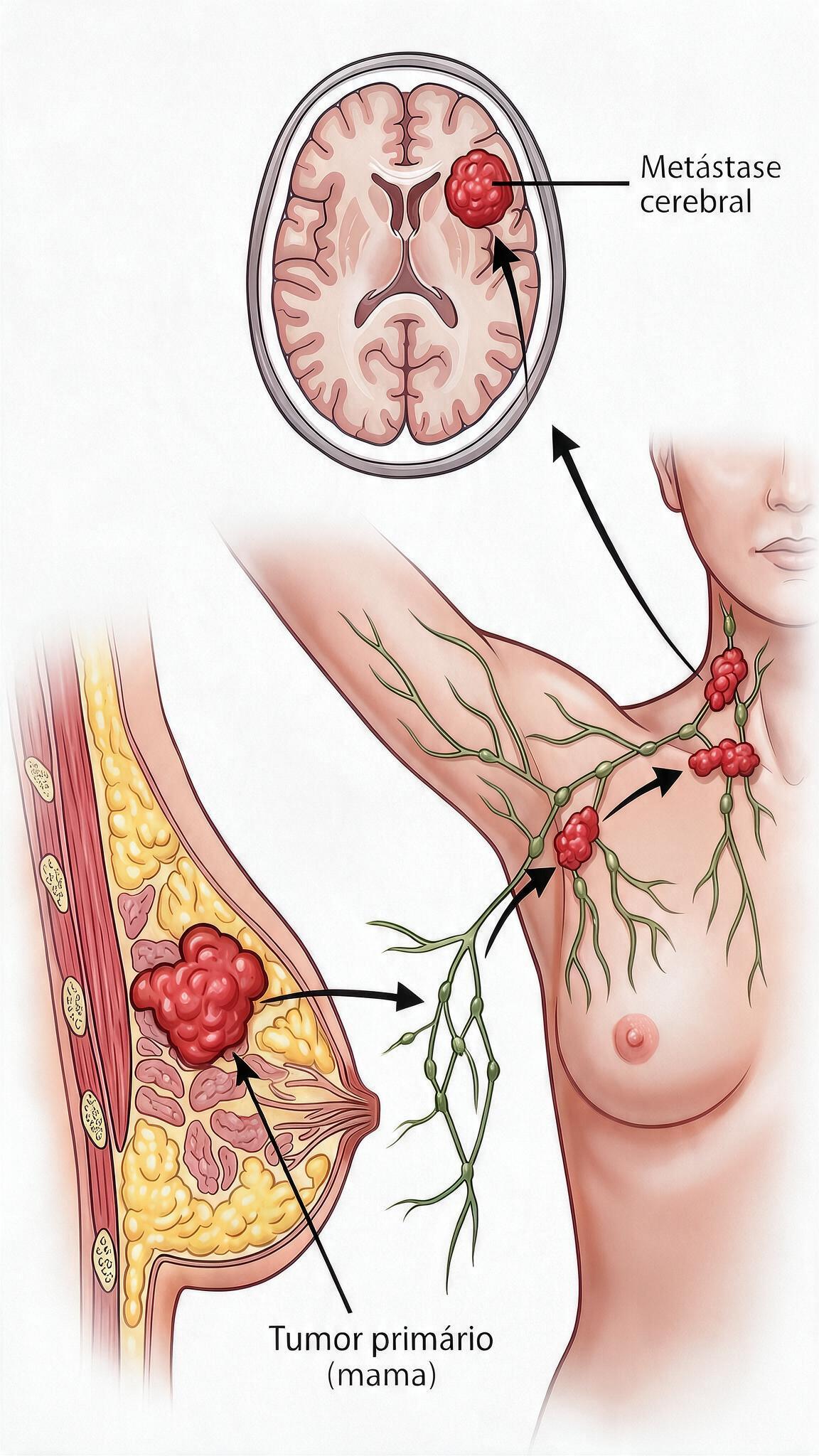 Ilustração da metástase cerebral do câncer de mama: tumor primário na mama, disseminação pelos linfonodos axilares e lesão secundária no cérebro.