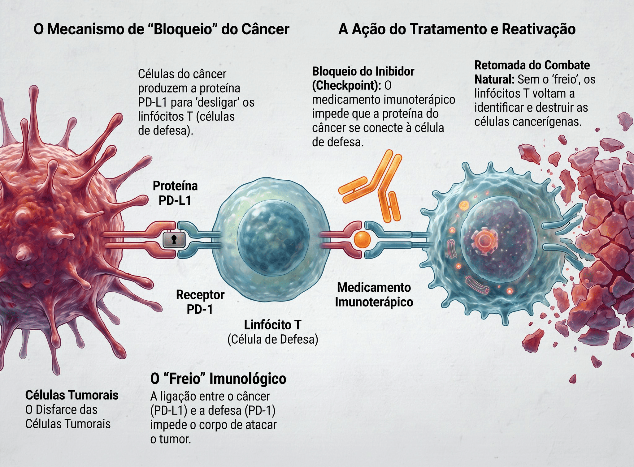 Ilustração do mecanismo de ação da imunoterapia no câncer: bloqueio da via PD-1/PD-L1 pelos inibidores de checkpoint imunológico e reativação dos linfócitos T contra as células tumorais.