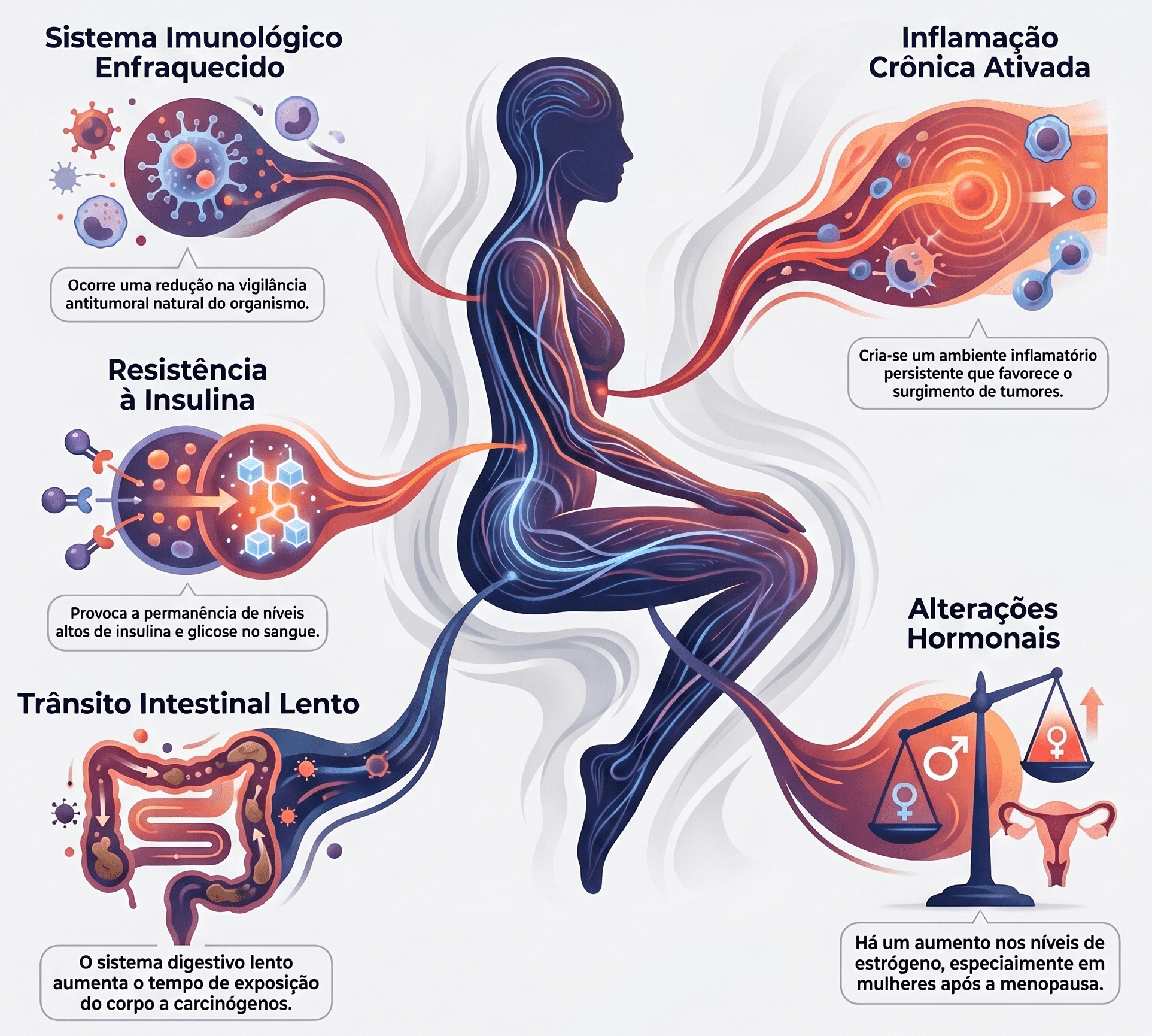 Infográfico mostrando os cinco mecanismos pelos quais permanecer sentado mais de 8 horas por dia aumenta o risco de câncer: enfraquecimento do sistema imunológico, inflamação crônica, resistência à insulina, alterações hormonais e trânsito intestinal lento.