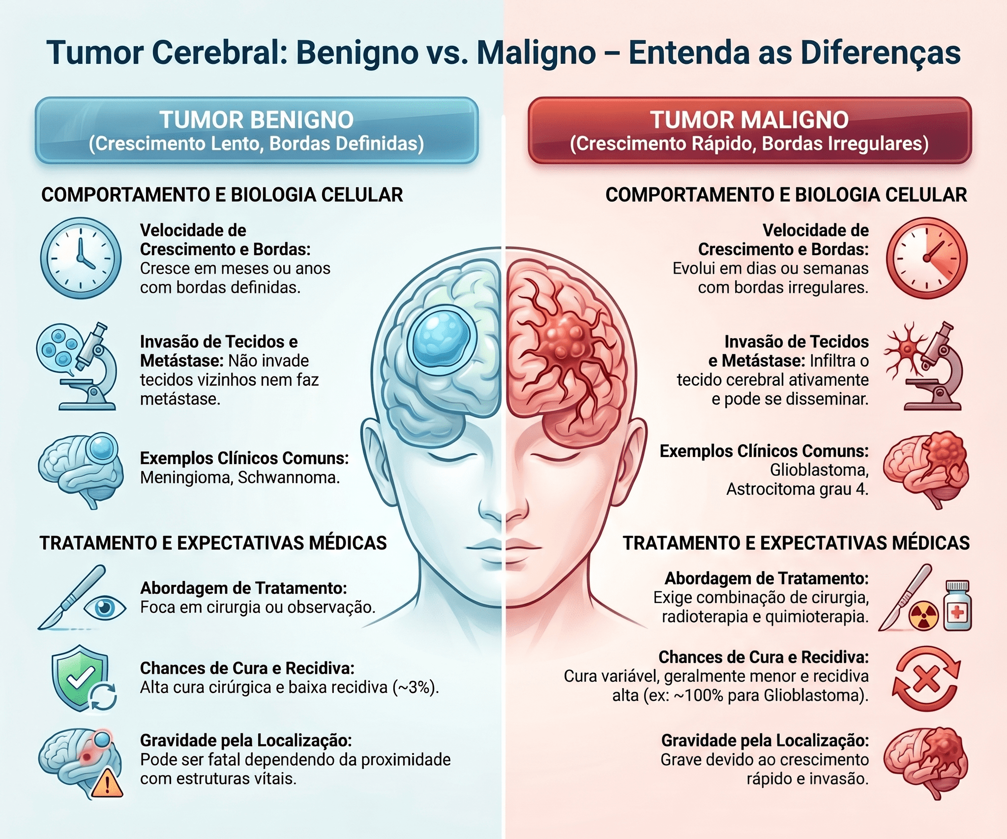 Infográfico comparativo entre tumor cerebral benigno e maligno, ilustrando diferenças em velocidade de crescimento, invasão de tecidos, exemplos clínicos, abordagem de tratamento e prognóstico — elaborado pelo Dr. Hugo Tanaka, oncologista especializado em tumores cerebrais em São Paulo.