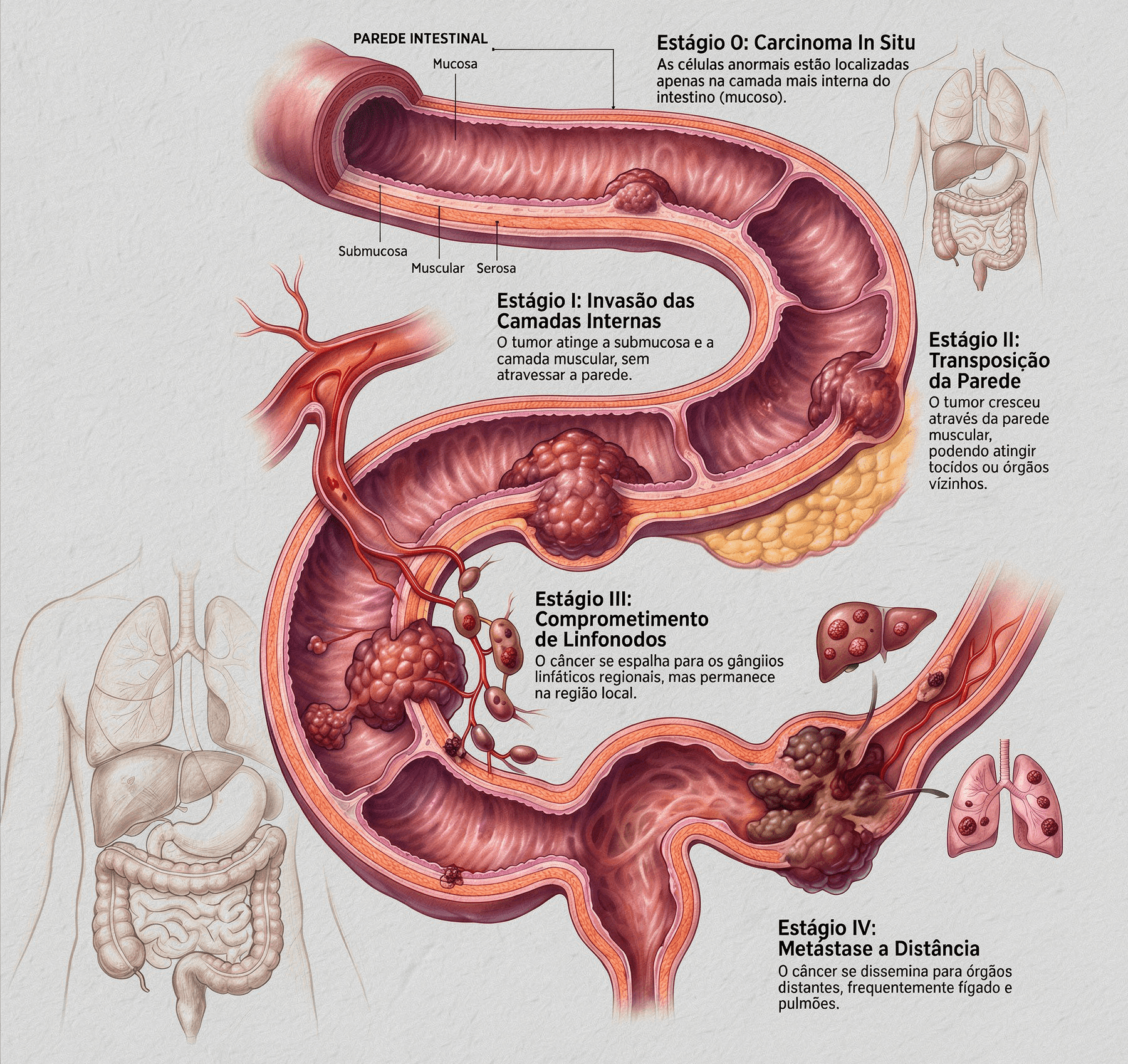 Infográfico educativo que representa a progressão anatômica do câncer colorretal por estágios, auxiliando o leitor a compreender visualmente como o tumor evolui da mucosa intestinal até órgãos distantes como fígado e pulmões.