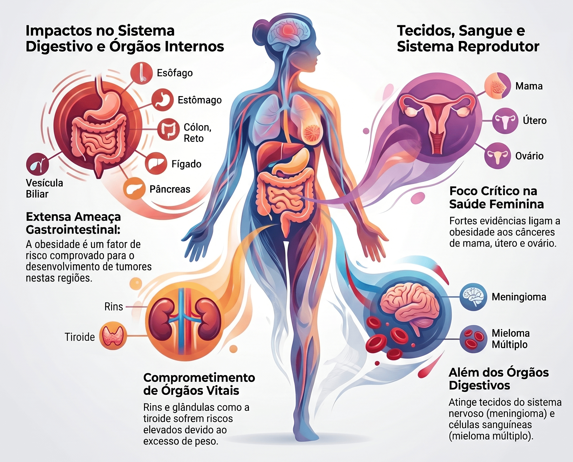 Relação entre obesidade e câncer: infográfico dos 13 tumores com evidência científica de risco aumentado pelo excesso de peso, incluindo mama, endométrio, colorretal e pâncreas.