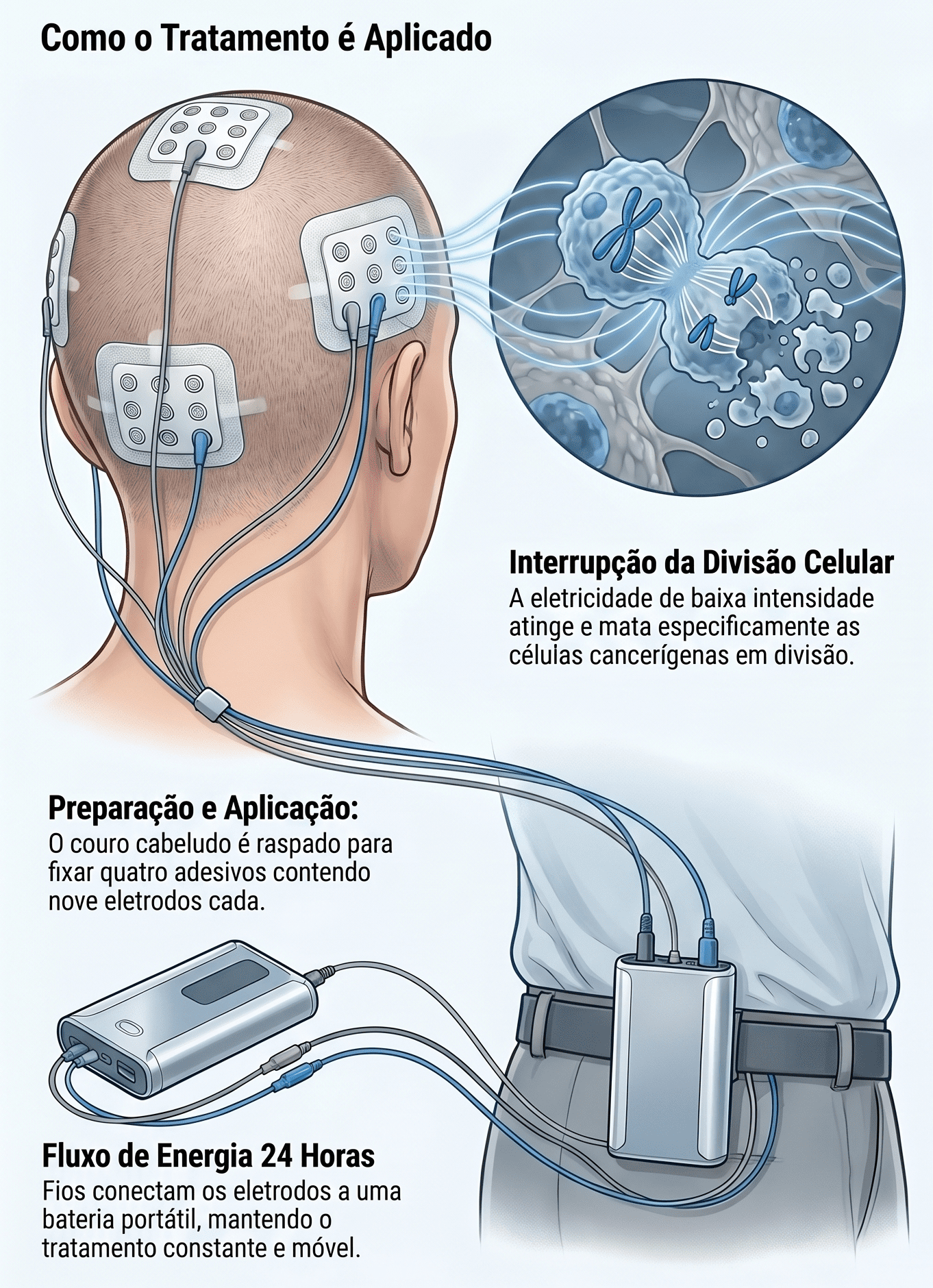 Ilustração do dispositivo Optune aplicando Campos de Tratamento de Tumores (TTFields) no couro cabeludo para tratamento de glioblastoma, com detalhe da interrupção da divisão celular tumoral. Mecanismo de ação dos Campos de Tratamento de Tumores (TTFields/Optune) no glioblastoma: quatro arranjos transdutores com nove eletrodos cada são fixados no couro cabeludo raspado e conectados a um gerador portátil, emitindo campos elétricos alternantes de baixa intensidade que interferem na mitose das células tumorais durante uso contínuo de 18–24 horas por dia.