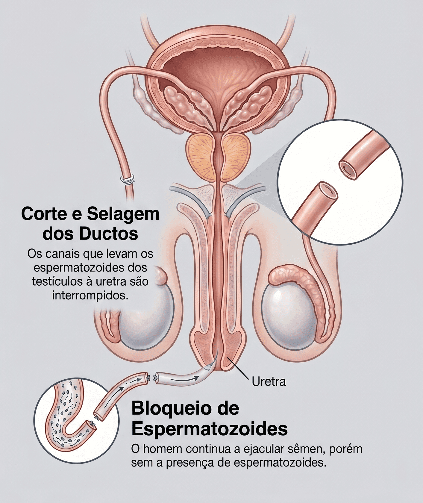 Ilustração médica da vasectomia mostrando o corte e selagem dos ductos deferentes que transportam os espermatozoides dos testículos à uretra, resultando em ejaculação sem espermatozoides