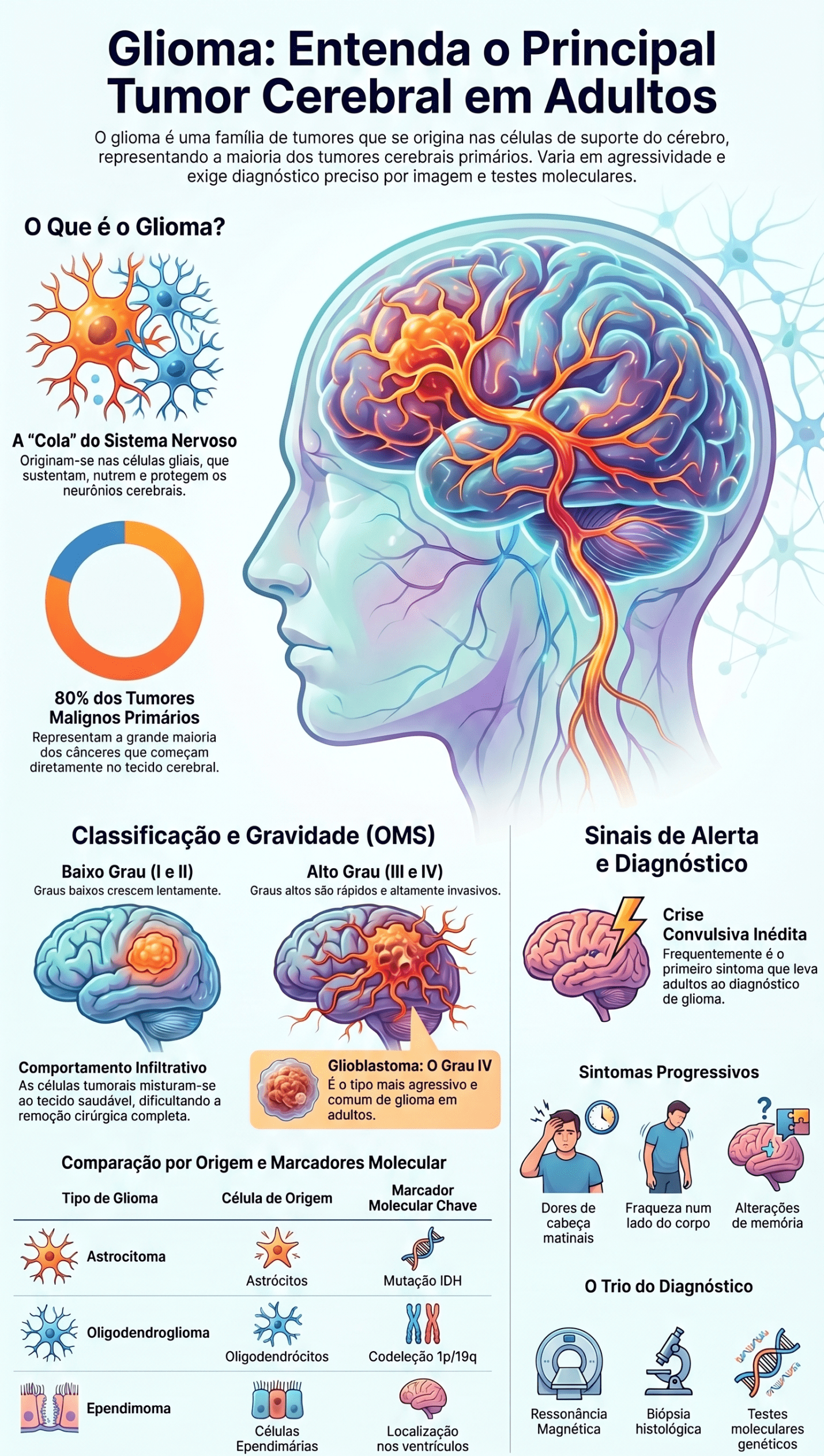 O glioma é uma família de tumores que se origina nas células de suporte do cérebro, representando a maioria dos tumores cerebrais primários. Varia em agressividade e exige diagnóstico preciso por imagem e testes moleculares.