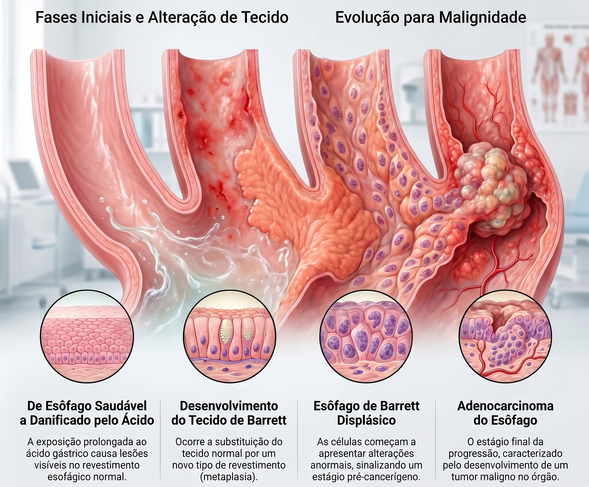 Infográfico didático que representa as quatro fases da progressão do esôfago de Barrett até o adenocarcinoma esofágico. Na primeira fase, o refluxo gastroesofágico crônico (DRGE) provoca lesões no epitélio escamoso normal do esôfago. Na segunda, ocorre a metaplasia intestinal, com substituição do epitélio escamoso por epitélio colunar especializado — caracterizando o esôfago de Barrett. Na terceira fase, surgem alterações celulares displásicas (baixo e alto grau), considerado o estágio pré-cancerígeno. Por fim, a quarta fase mostra o adenocarcinoma do esôfago já estabelecido. A imagem reforça a importância do diagnóstico precoce, do controle da DRGE e da vigilância endoscópica com biópsias seriadas em pacientes com esôfago de Barrett.