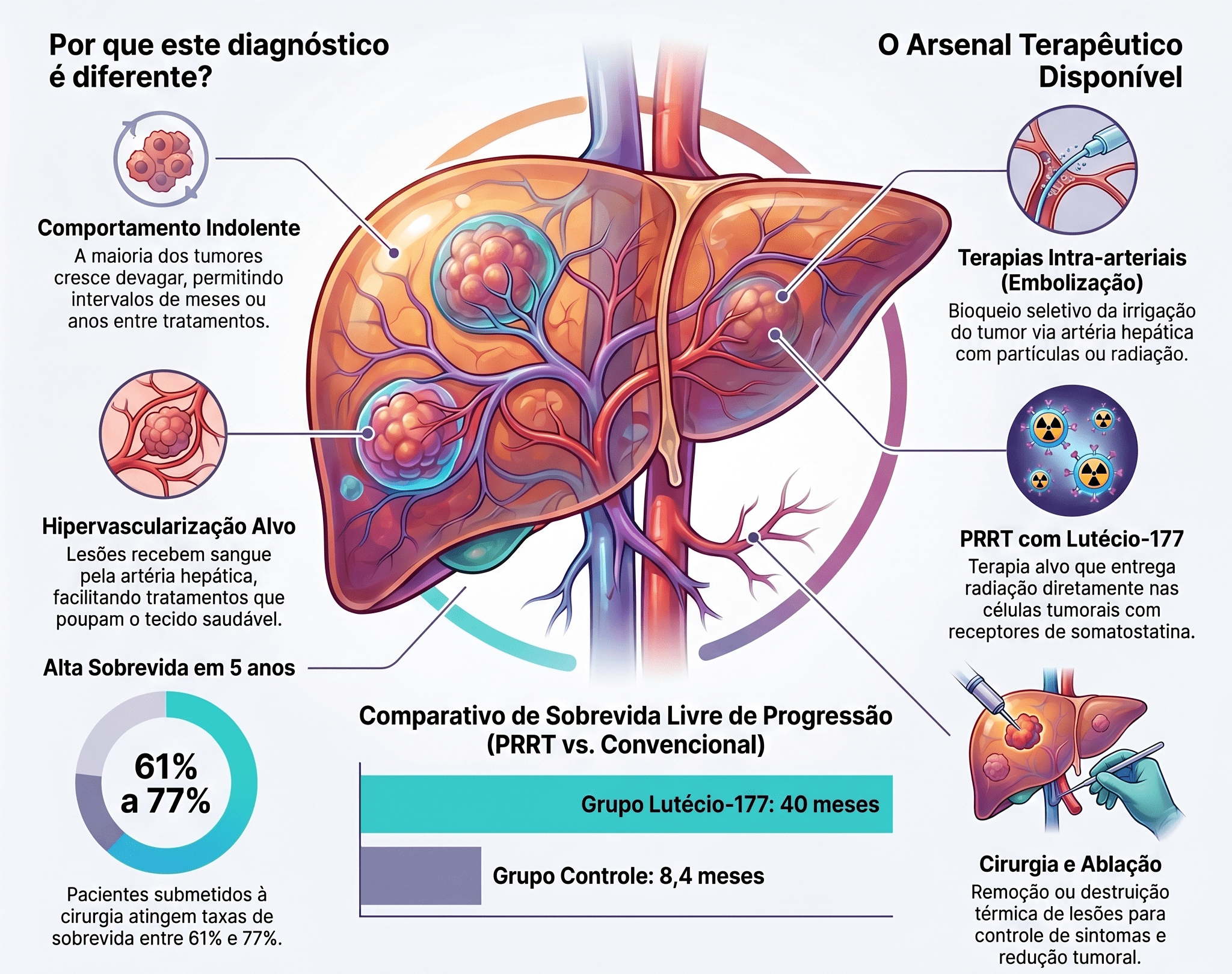 Metástase hepática de tumor neuroendócrino — arsenal terapêutico e sobrevida Infográfico sobre metástase hepática de tumor neuroendócrino: comportamento indolente, hipervascularização, embolização, PRRT com Lutécio-177, cirurgia e taxas de sobrevida em 5 anos.