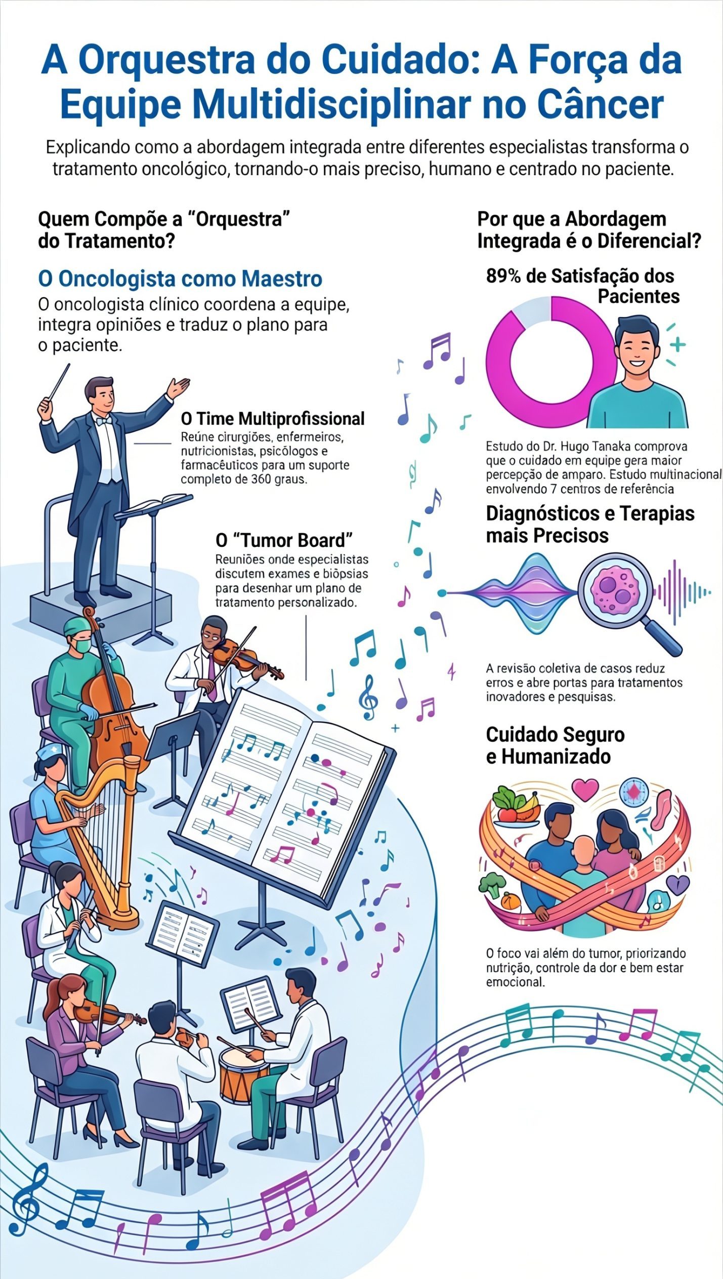 Equipe multidisciplinar no câncer — a orquestra do cuidado | Dr. Hugo Tanaka Infográfico que representa a equipe multidisciplinar no câncer como uma orquestra, em que o oncologista clínico atua como maestro coordenando cirurgiões, enfermeiros, nutricionistas, psicólogos e demais especialistas no tratamento oncológico.