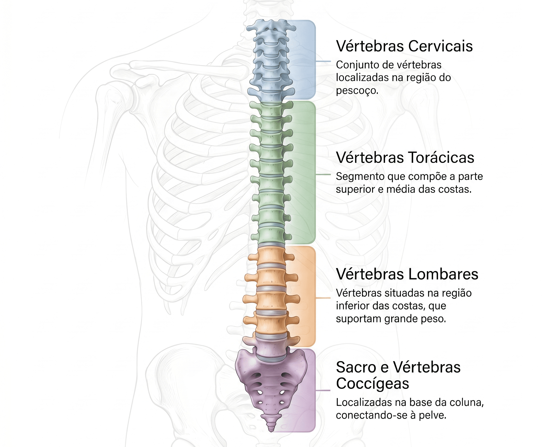 Anatomia da coluna vertebral – estrutura e segmentos Ilustração da anatomia da coluna vertebral mostrando as vértebras cervicais, torácicas, lombares, o sacro e o cóccix