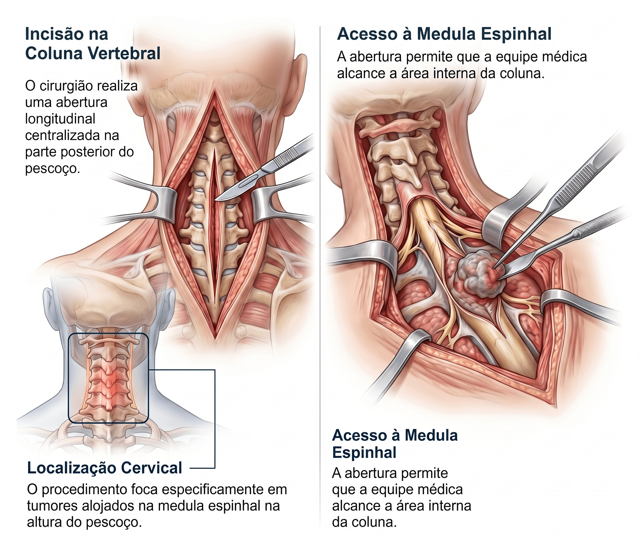 Cirurgia de tumor na medula espinhal cervical Ilustração das etapas da cirurgia de tumor na medula espinhal cervical: incisão na coluna, acesso à medula e exposição do tumor.