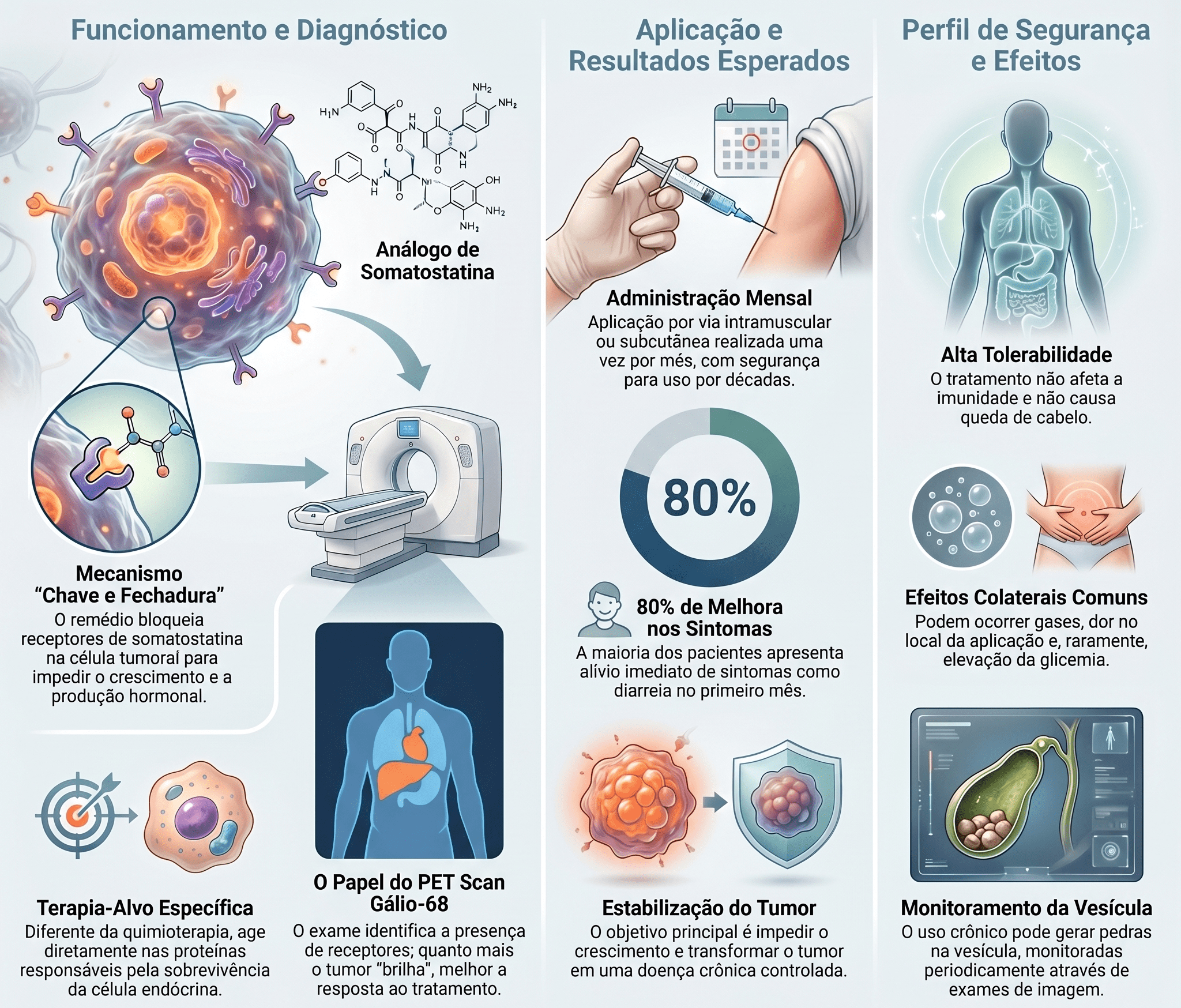Infográfico sobre análogos de somatostatina no tratamento de tumores neuroendócrinos: mecanismo de ação "chave e fechadura", diagnóstico por PET-CT Gálio-68, aplicação mensal, melhora dos sintomas e perfil de segurança.