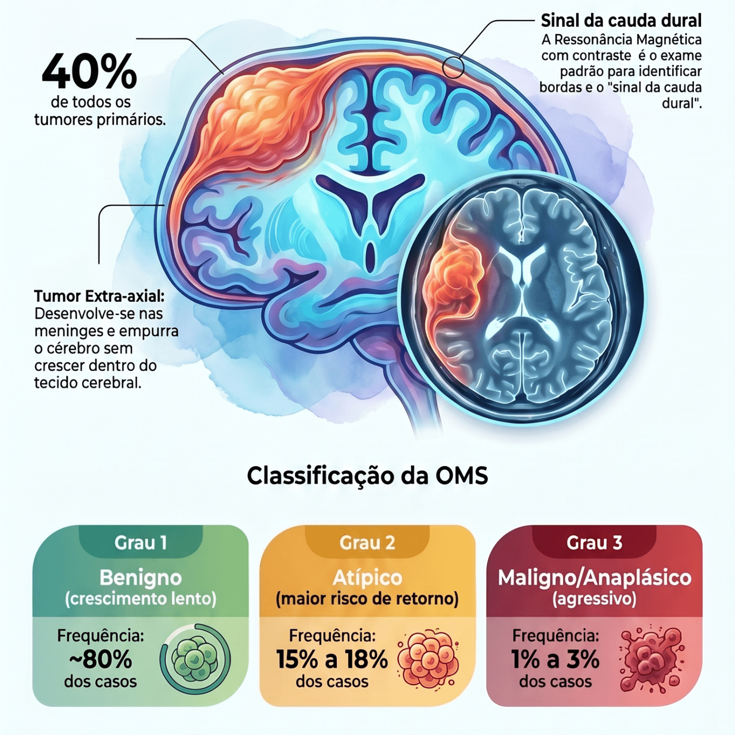 Meningioma: tumor extra-axial, sinal da cauda dural e classificação da OMS (graus 1, 2 e 3) Infográfico sobre meningioma: tumor extra-axial que representa 40% dos tumores cerebrais primários, sinal da cauda dural na ressonância e classificação da OMS em graus 1, 2 e 3.