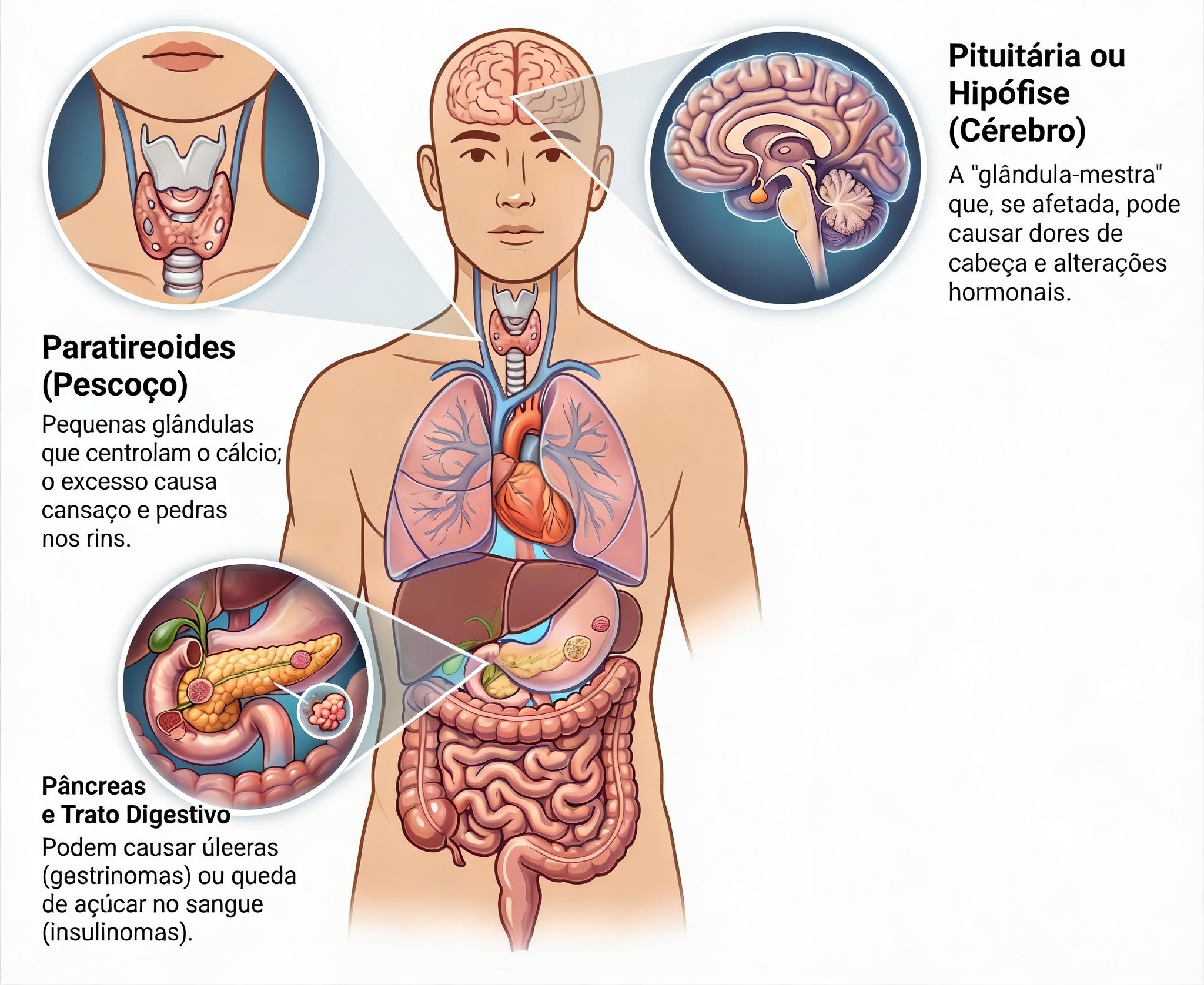 Diagrama anatômico dos órgãos de origem dos tumores neuroendócrinos, com destaque para a hipófise, a tireoide e as paratireoides, o pâncreas e o trato digestivo