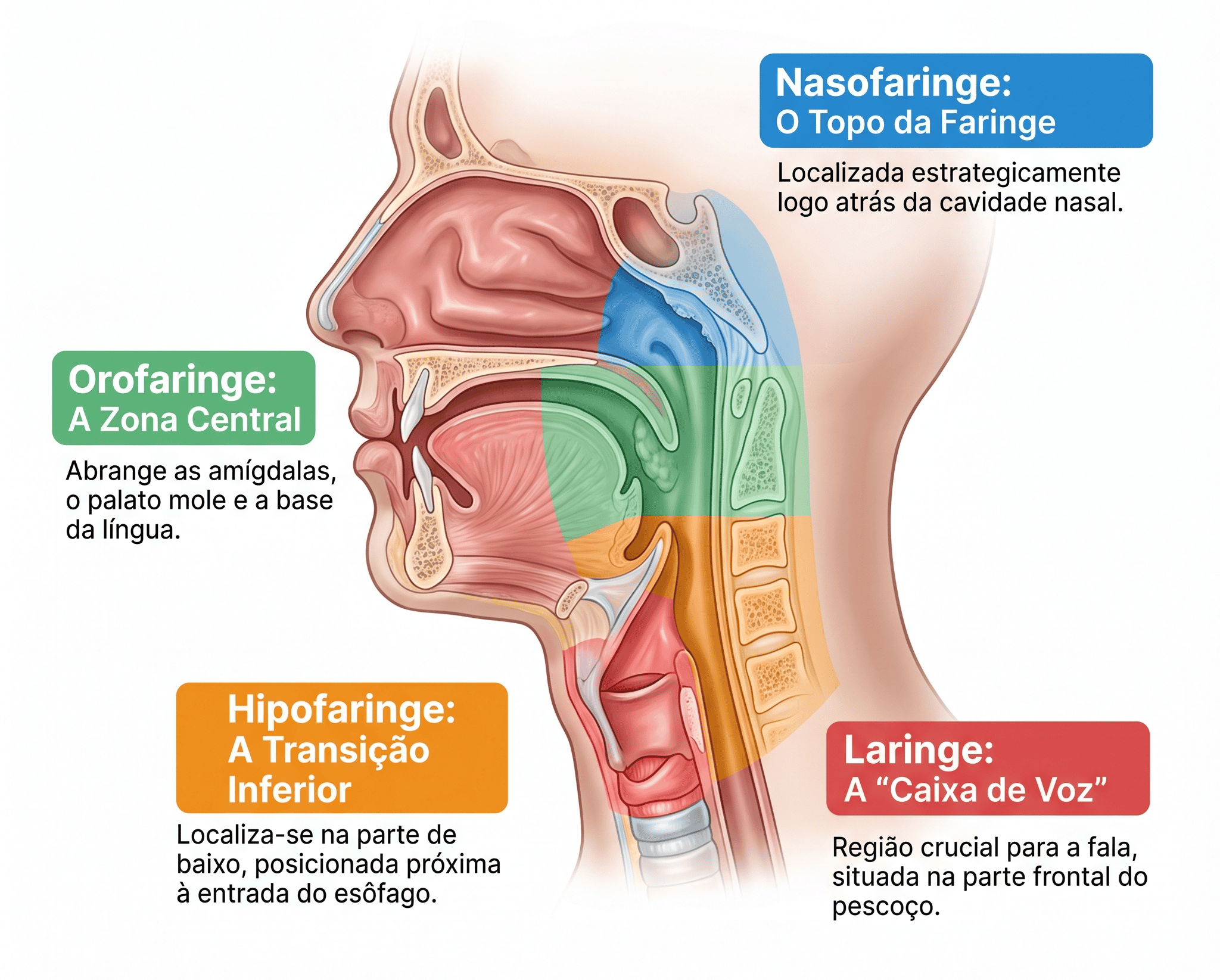 Ilustração anatômica da faringe dividida em nasofaringe, orofaringe, hipofaringe e laringe, mostrando a localização de cada região no trato aerodigestivo superior.
