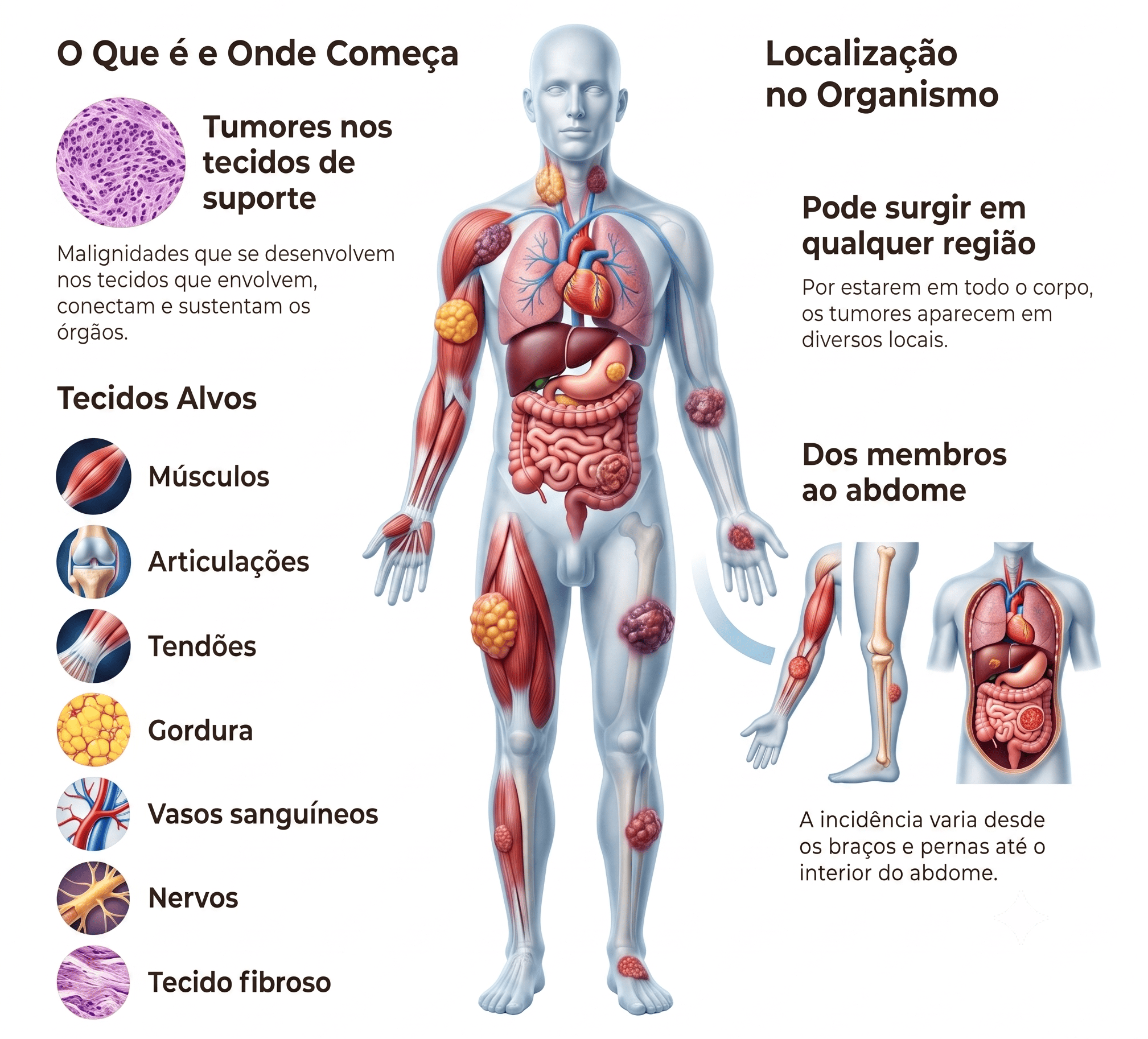 Infográfico sobre sarcoma de partes moles: tumores nos tecidos de suporte, com músculos, articulações, tendões, gordura, vasos sanguíneos, nervos e tecido fibroso como tecidos alvos e a distribuição no corpo, dos membros ao abdome.