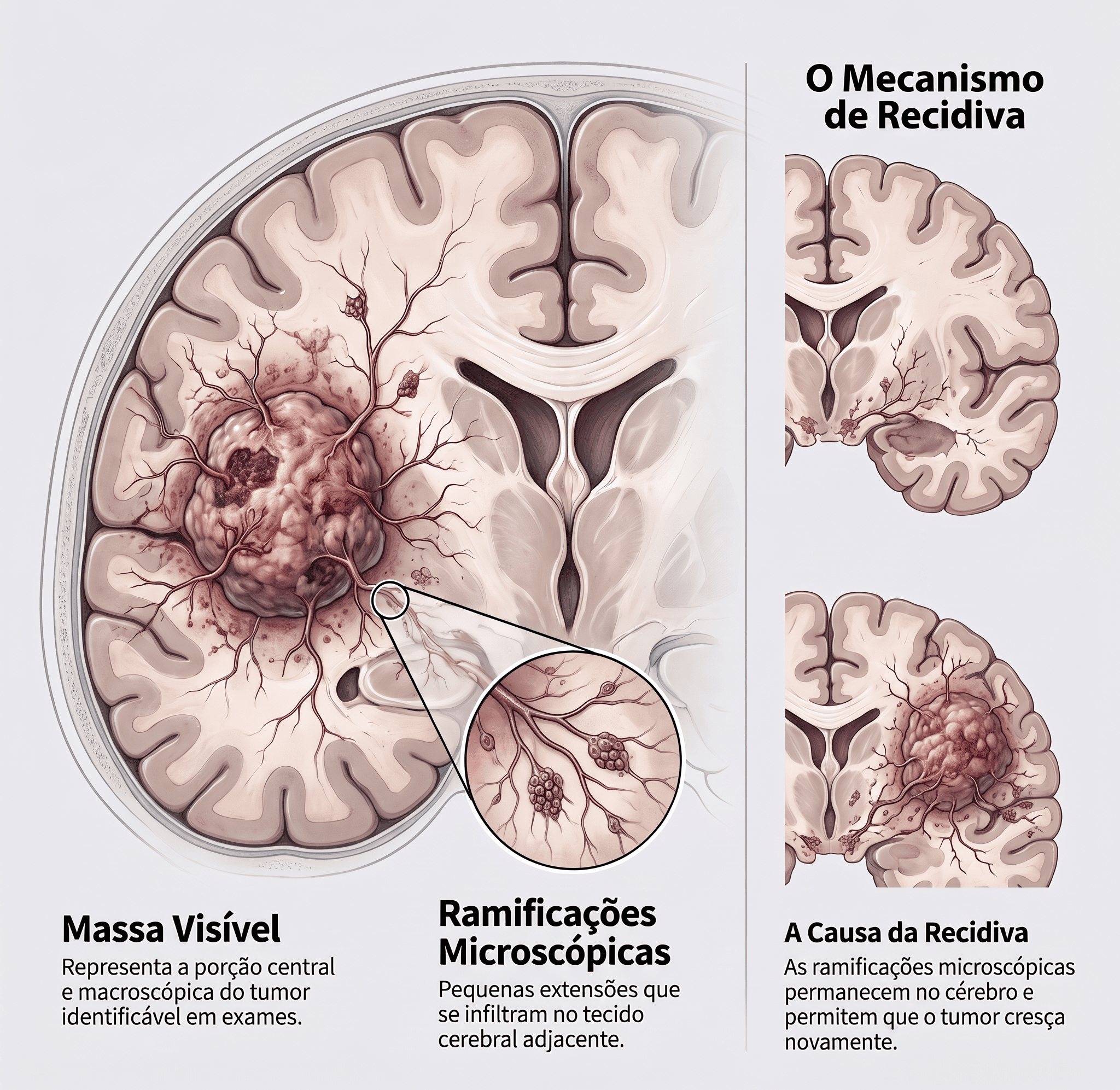 Ilustração comparando a parte visível do glioblastoma na ressonância e as ramificações microscópicas que se infiltram no tecido cerebral ao redor.