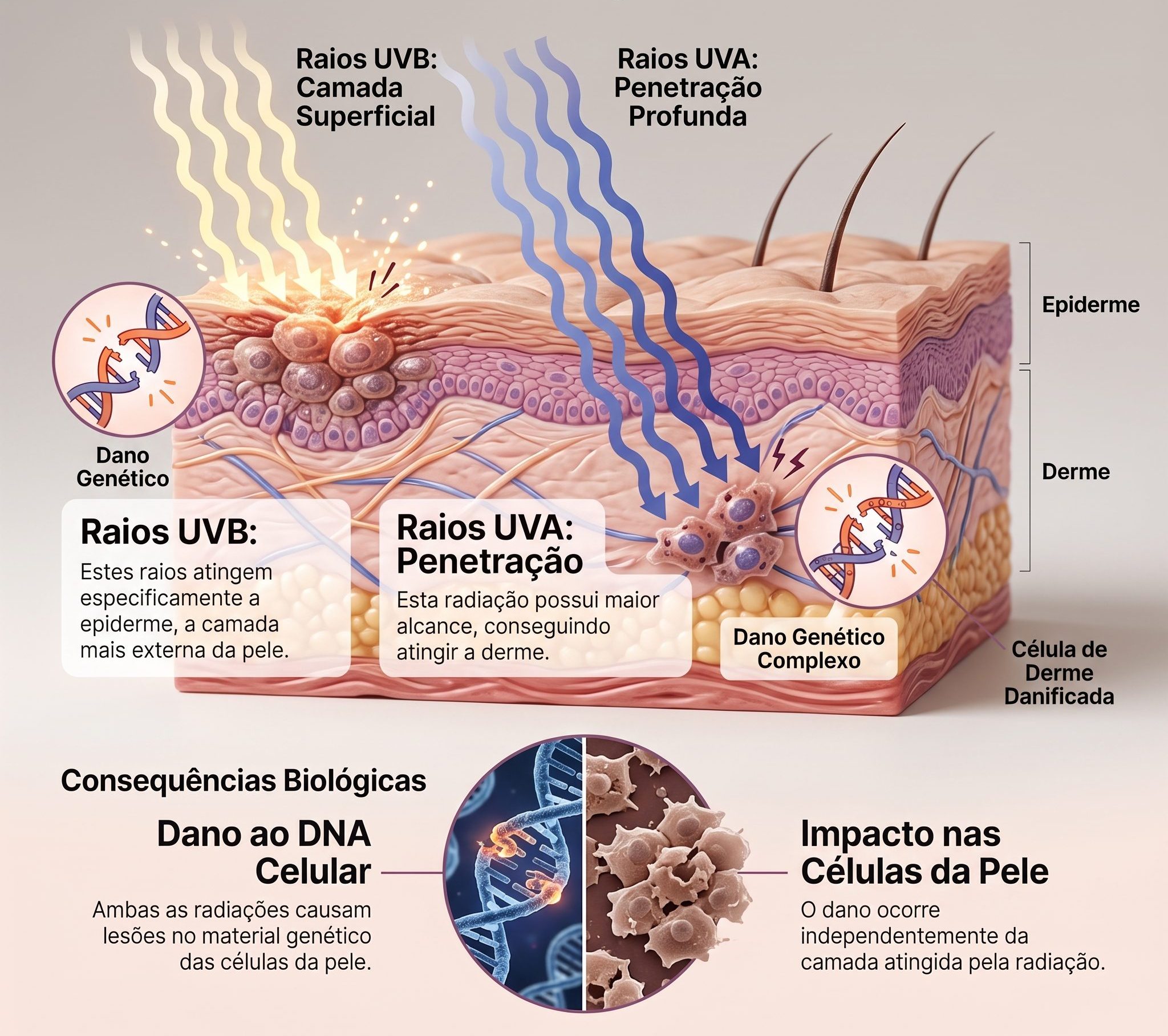 Ilustração mostrando raios UVB atingindo a epiderme e raios UVA alcançando a derme, com dano ao DNA das células da pele.