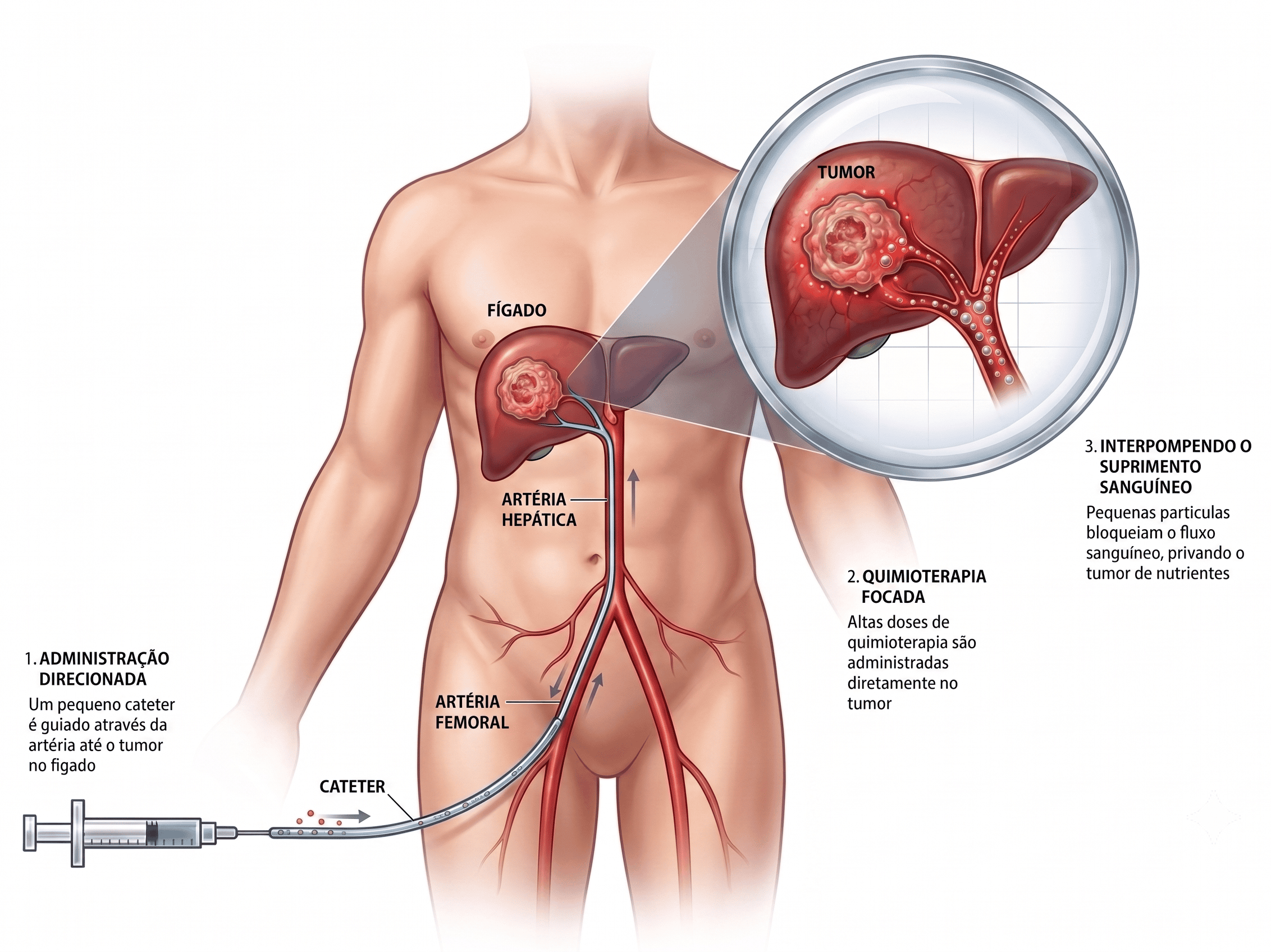 Ilustração da quimioembolização (TACE): cateter guiado pela artéria femoral até a artéria hepática, com detalhe do tumor no fígado.