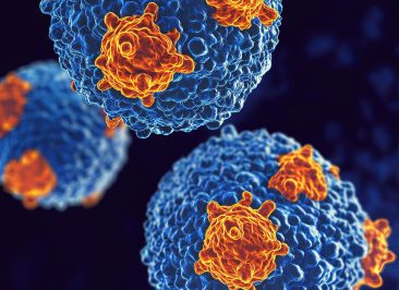 3D illustration of virus cells in blue and orange against a dark blue background.
