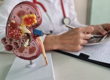 Urology and treatment of kidney diseases. Doctor analyzes patient kidney health with kidney ultrasound and anatomical model