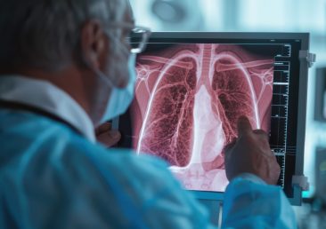 A doctor is looking at a CT scan of a patient's lungs. A large, red mass in the middle of the lungs. The doctor appears to be concerned about the patient's health and is examining the scan closely
