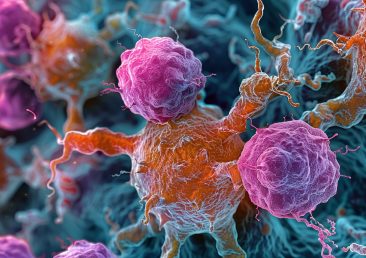 A highly detailed digital of cancer cells in a microscopic view, highlighting the complexity of oncology research.