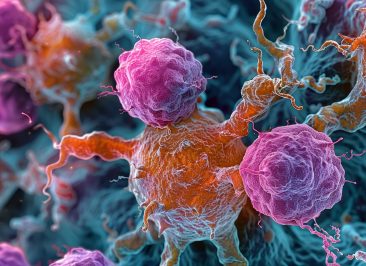 A highly detailed digital of cancer cells in a microscopic view, highlighting the complexity of oncology research.