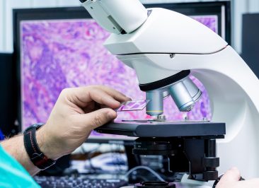 Laboratory assistant works with microscope at the modern laboratory