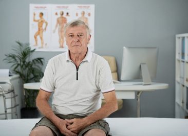 Tired unhappy senior man sitting on bed in medical office