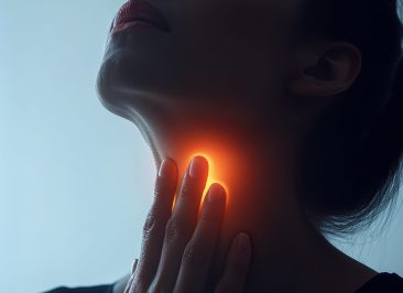 Woman in pain touching her neck due to a sore throat against a dark blue background, capturing the discomfort of throat inflammation from illnesses like laryngitis or tonsillitis
